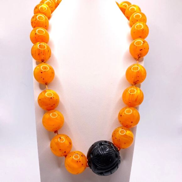 Vtg Orange Lucite and Black Carved Bakelite Beads Necklace St Silver Closure - Picture 1 of 5